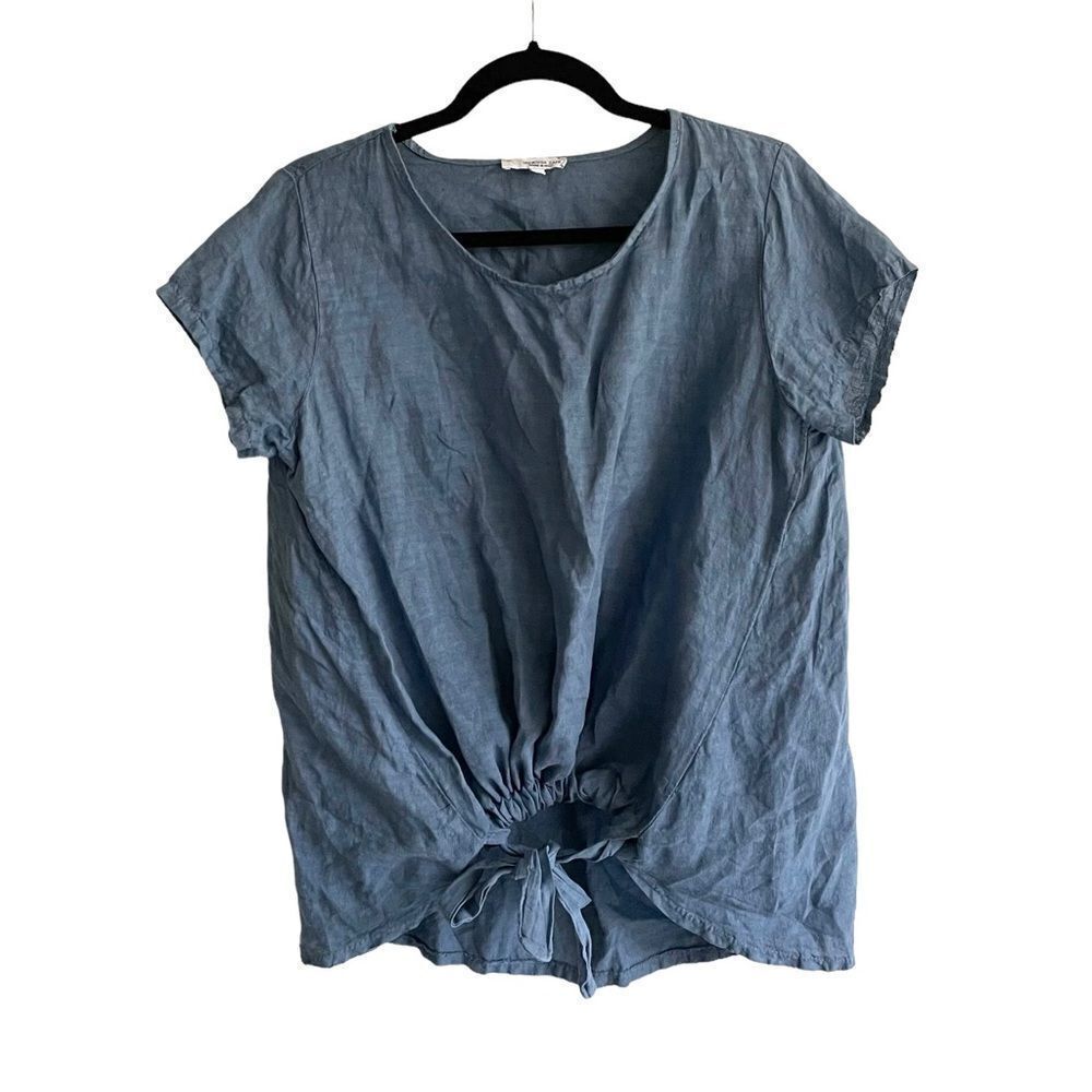 VANESSA ZANI Italy Linen Oversized Crew Neck Short Sleeve Blouse Blue